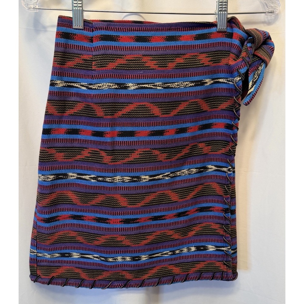 Vintage Neiman Marcus Size 6 Med Cotton Leather Aztec Wrap Skirt Boho USA Made